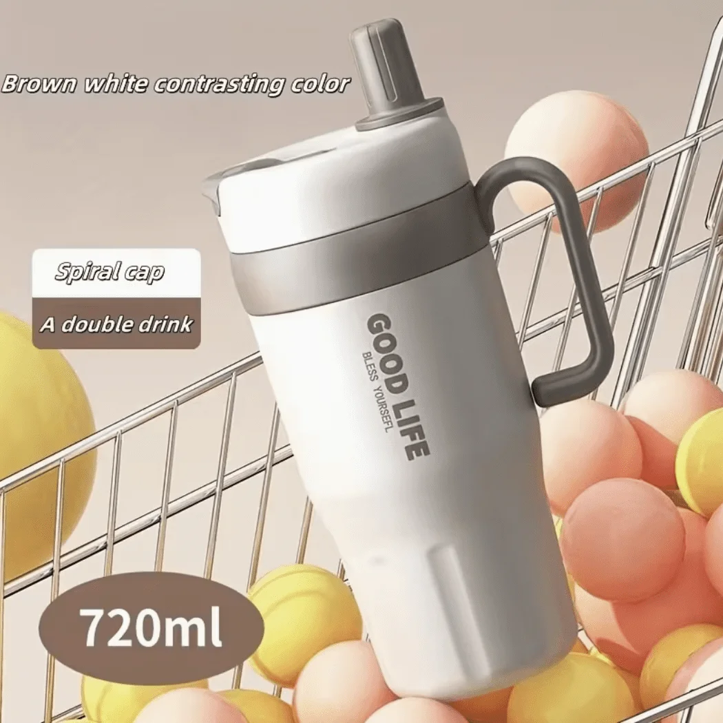 Roostevabast terasest termostass sangaga, topeltseinaga ja kõrrega 720ml beež ja pruun