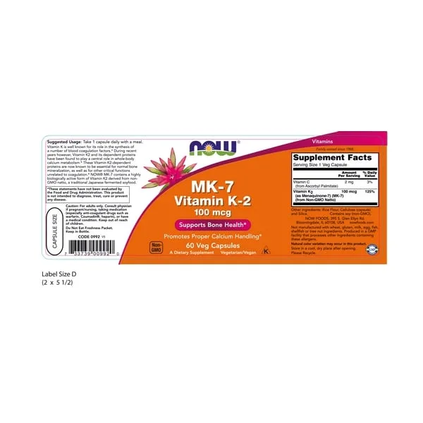 NOW Vitamin K-2 (MK7) 100mcg 60 veg. caps. — Capsules view 2