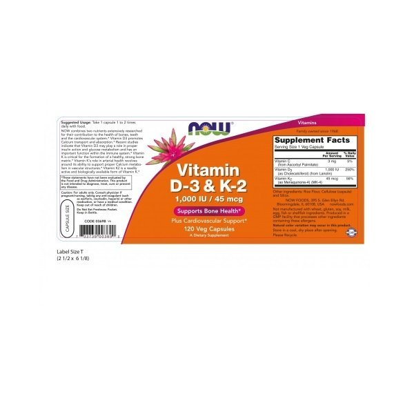 NOW Vitamin D-3 & K-2 120caps — Capsules view 2