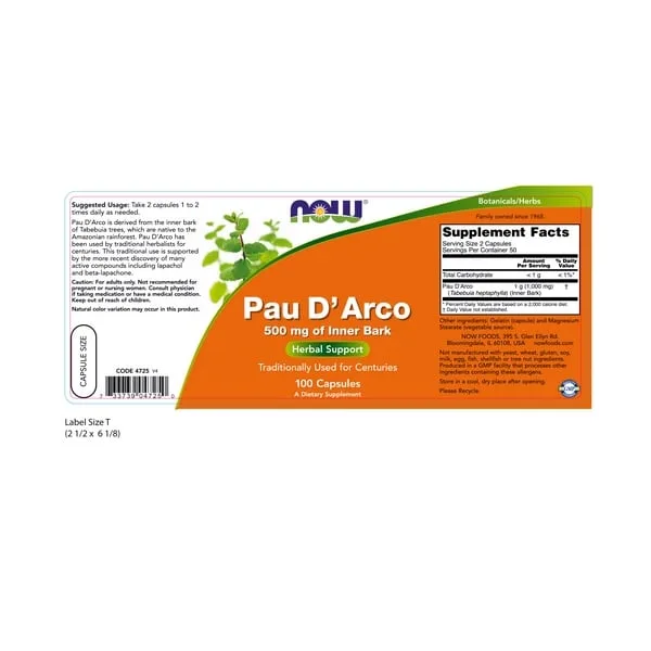 NOW Pau D’Arco 500mg 100caps — Capsules view 2