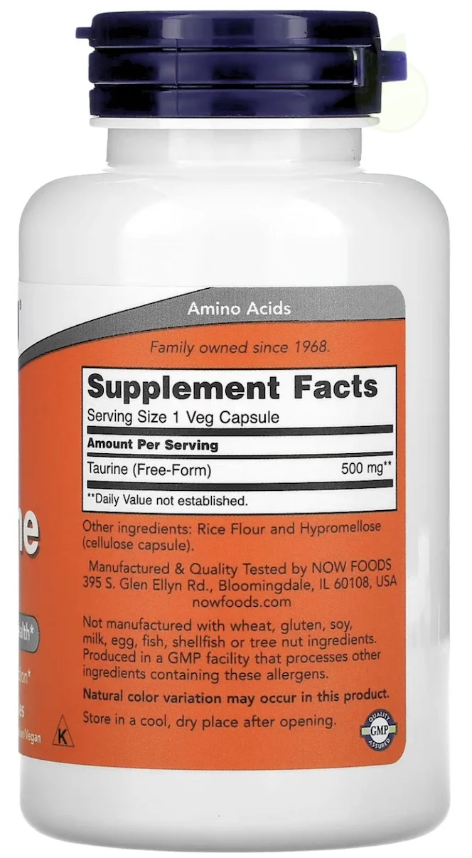 NOW Taurine 500mg 100 veg caps — Capsules view 2