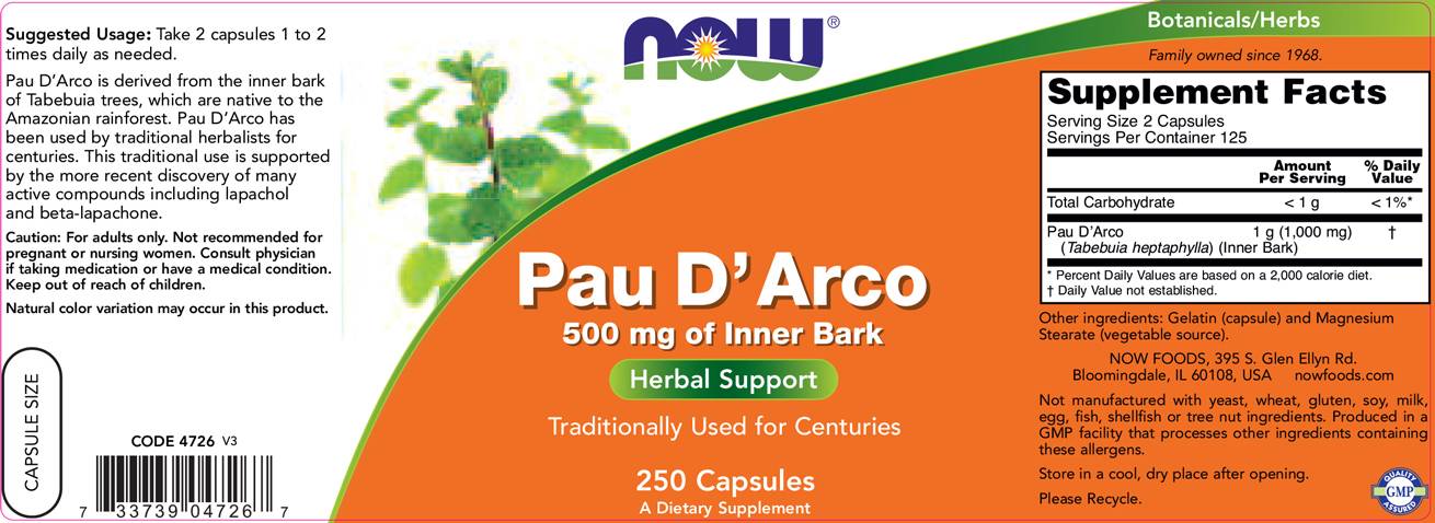 NOW Pau D’Arco 500 mg 250caps — Capsules view 2