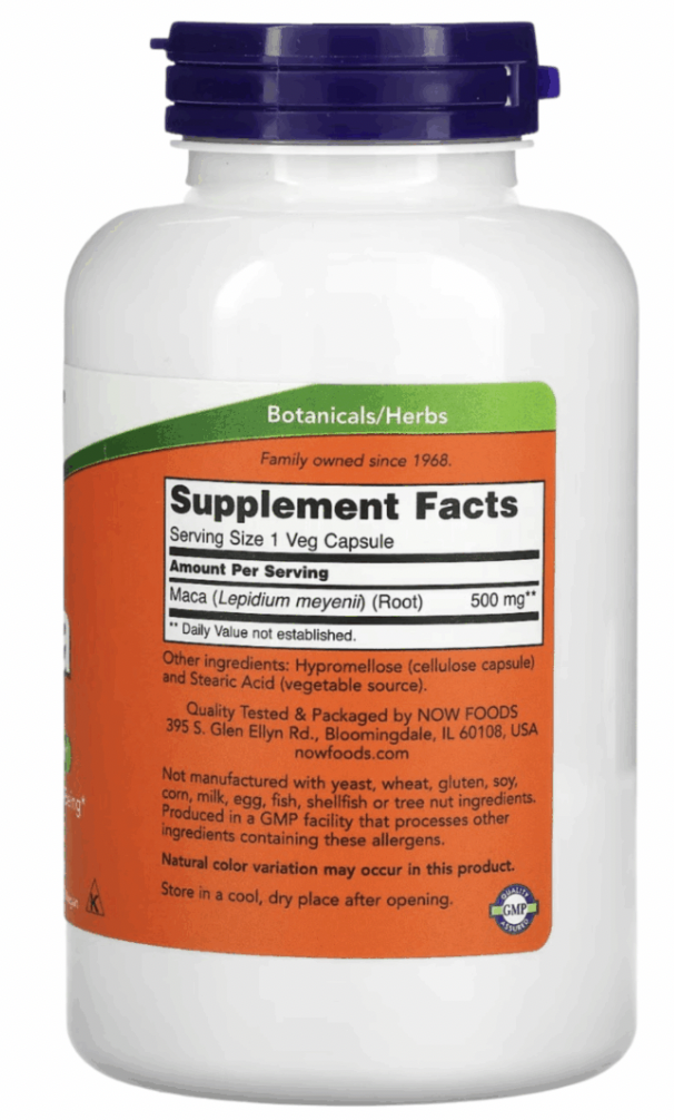 NOW Maca 500mg 250 veg. caps. — Capsules view 2