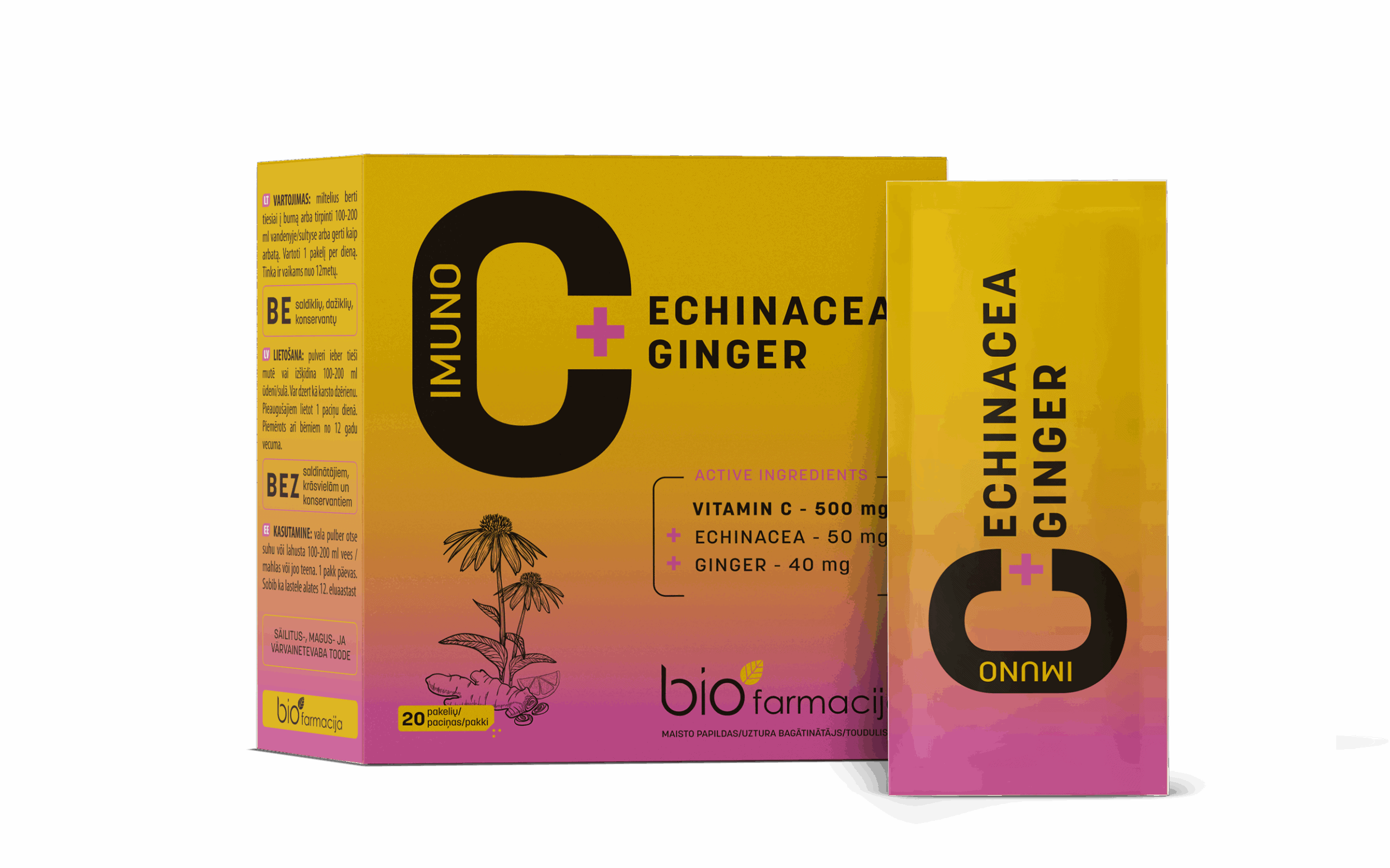 Imuno C + Echinacea + Ginger C-vitamiin, punane päevakübar ja ingver immuunsusele, 20 pakki