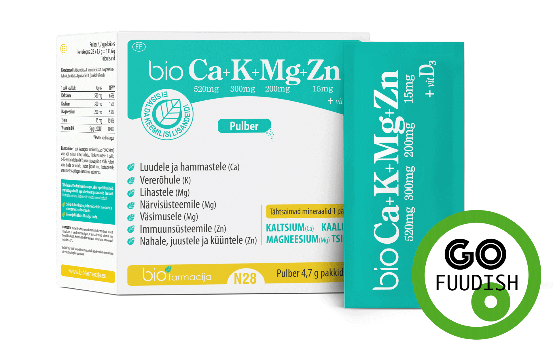 bioCa+K+Mg+Zn with Vit. D3 mineraalainete segu, 28 pakki